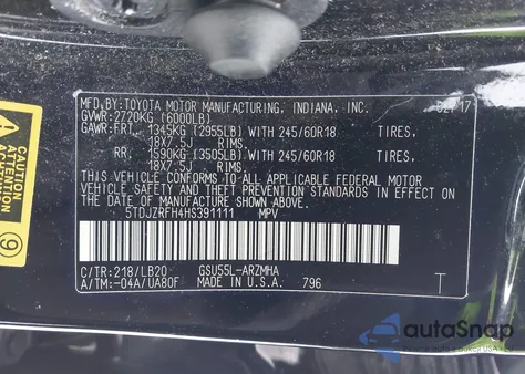 2017 Toyota Highlander Xle from USA, damaged, VIN 5TDJZRFH4HS391111